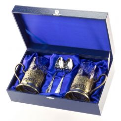 Подарочный набор Чайная пара в жестком футляре (латунные подстаканники на выбор) 130005 Кольчугинский завод цветных металлов