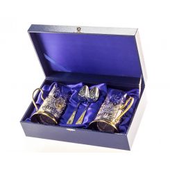 Подарочный набор Чайная пара с позолотой в жестком футляре (подстаканники на выбор) 130007 Кольчугинский завод цветных металлов