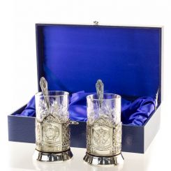 Подарочный набор Чайная пара в жестком футляре (подстаканники на выбор) 130008 Кольчугинский завод цветных металлов