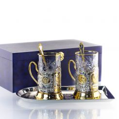 Подарочный набор Чайная пара с позолотой в жестком футляре (подстаканники на выбор) 130016 Кольчугинский завод цветных металлов