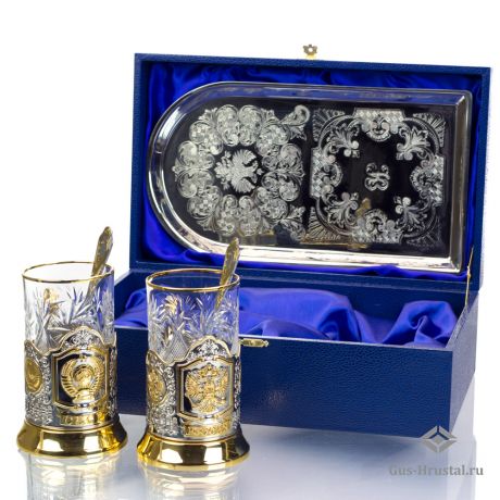 Подарочный набор Чайная пара с позолотой в жестком футляре (подстаканники на выбор) 130016 Кольчугинский завод цветных металлов